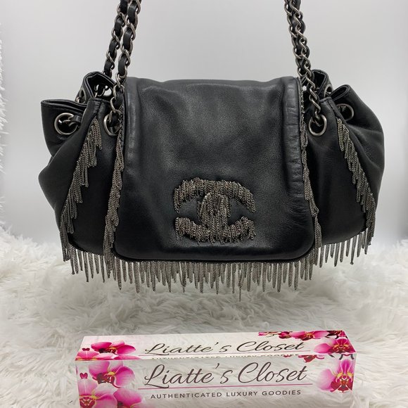 CHANEL Handbags - CHANEL Chain Fringe Shoulder Black Leather Bag